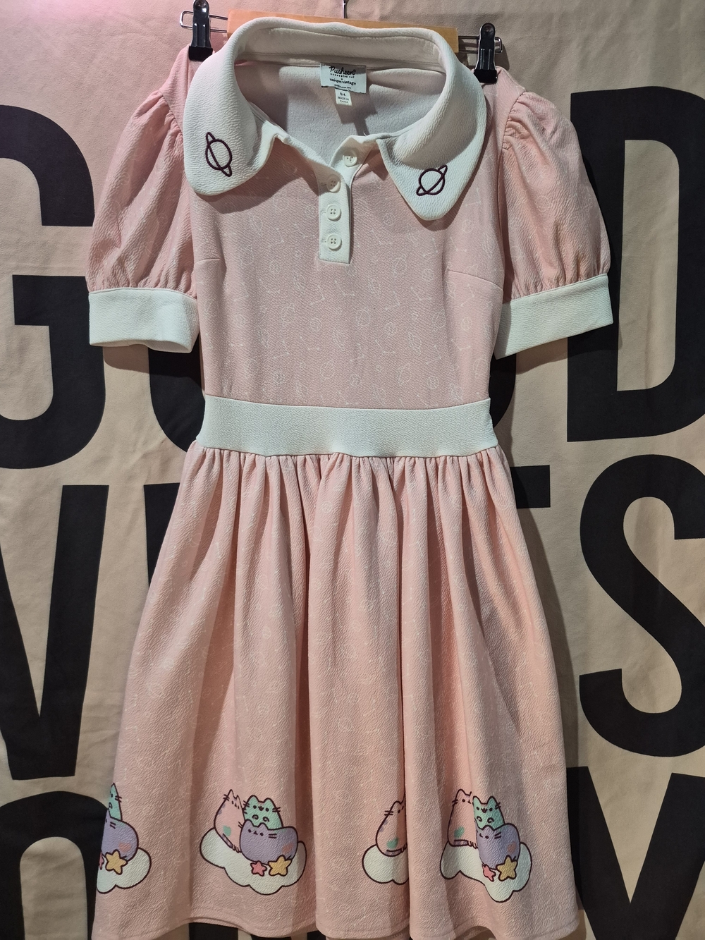 Pusheen Pink Collared Dress with White Trim and Planet Embroidery